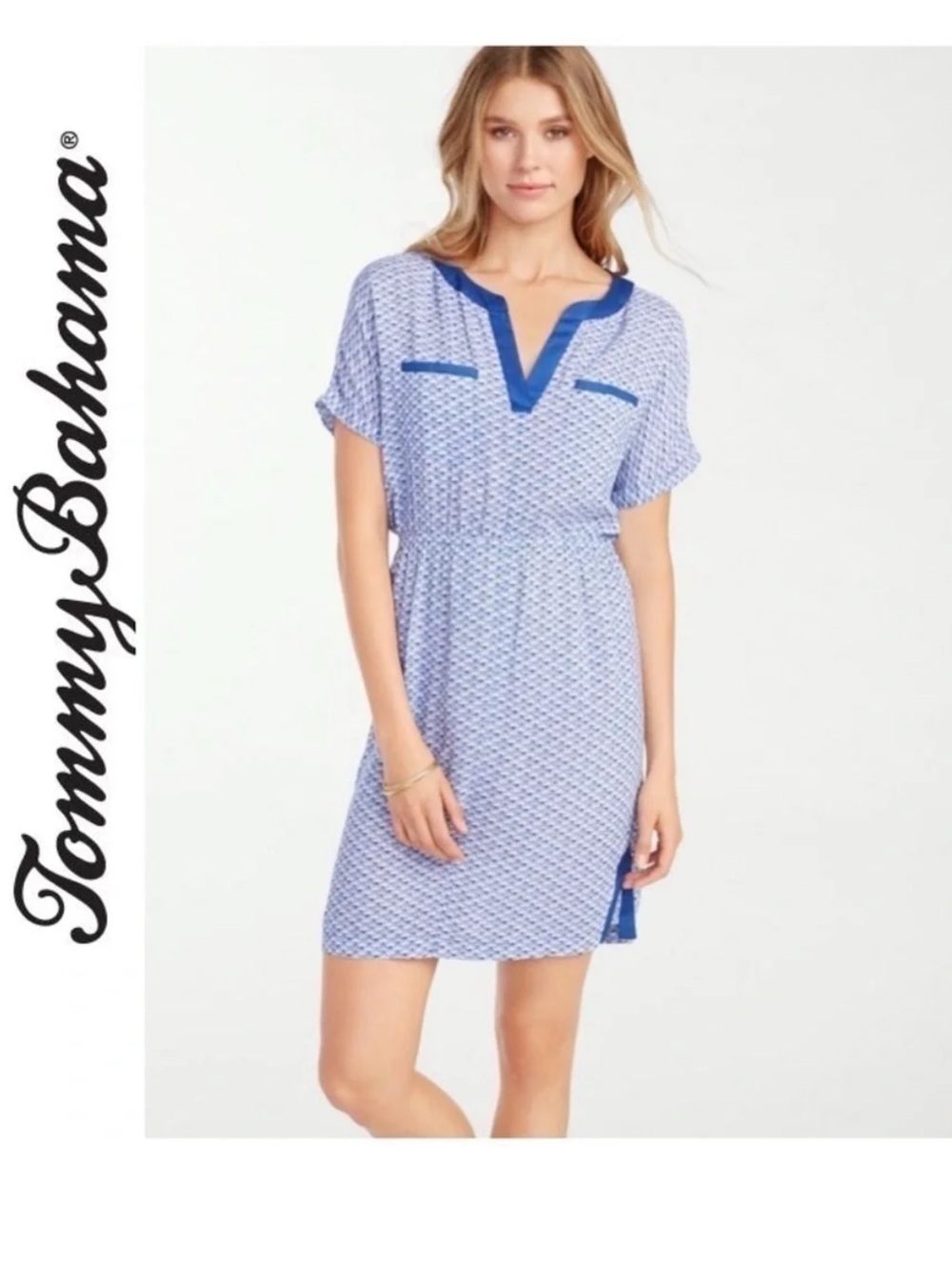 Tommy Bahama Fan Festival split neck dress shell print blue lightweight